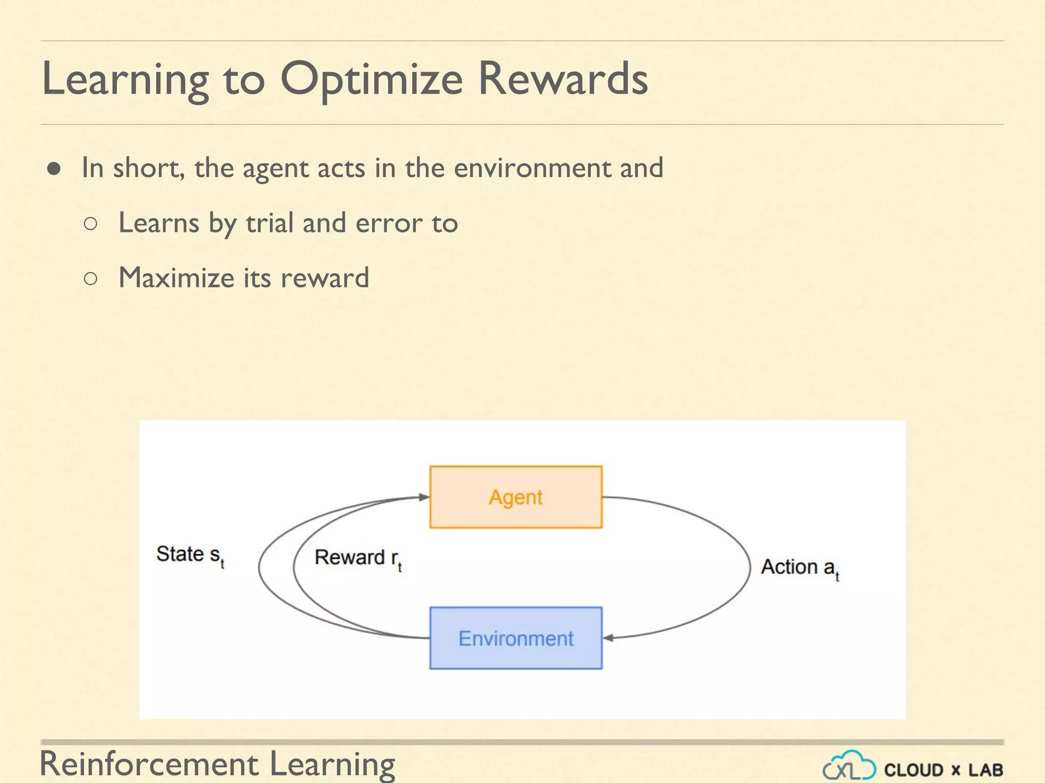 Reinforcement Learning
● In short, the agent acts in the environment and
○ Learns by trial and error to
○ Maximize its reward
Learning to Optimize Rewards
 