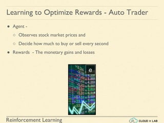 Reinforcement Learning
● Agent -
○ Observes stock market prices and
○ Decide how much to buy or sell every second
● Rewards - The monetary gains and losses
Learning to Optimize Rewards - Auto Trader
 