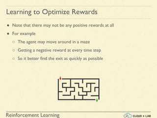 Reinforcement Learning
● Note that there may not be any positive rewards at all
● For example
○ The agent may move around in a maze
○ Getting a negative reward at every time step
○ So it better find the exit as quickly as possible
Learning to Optimize Rewards
 