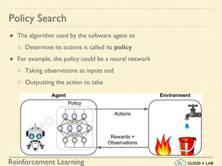 Reinforcement Learning
● The algorithm used by the software agent to
○ Determine its actions is called its policy
● For example, the policy could be a neural network
○ Taking observations as inputs and
○ Outputting the action to take
Policy Search
 