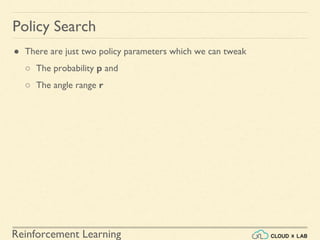 Reinforcement Learning
● There are just two policy parameters which we can tweak
○ The probability p and
○ The angle range r
Policy Search
 