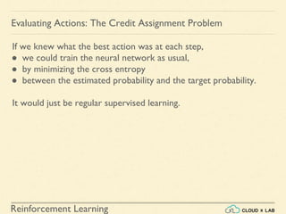 Reinforcement Learning
If we knew what the best action was at each step,
● we could train the neural network as usual,
● by minimizing the cross entropy
● between the estimated probability and the target probability.
It would just be regular supervised learning.
Evaluating Actions: The Credit Assignment Problem
 
