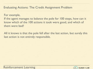 Reinforcement Learning
For example,
If the agent manages to balance the pole for 100 steps, how can it
know which of the 100 actions it took were good, and which of
them were bad?
All it knows is that the pole fell after the last action, but surely this
last action is not entirely responsible.
Evaluating Actions: The Credit Assignment Problem
 