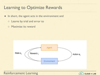 Reinforcement Learning
● In short, the agent acts in the environment and
○ Learns by trial and error to
○ Maximize its reward
Learning to Optimize Rewards
 