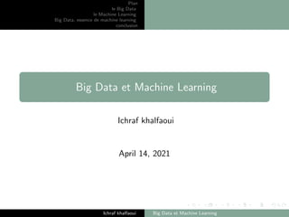 Plan
le Big Data
le Machine Learning
Big Data, essence de machine learning
conclusion
Big Data et Machine Learning
Ichraf khalfaoui
April 14, 2021
Ichraf khalfaoui Big Data et Machine Learning
 
