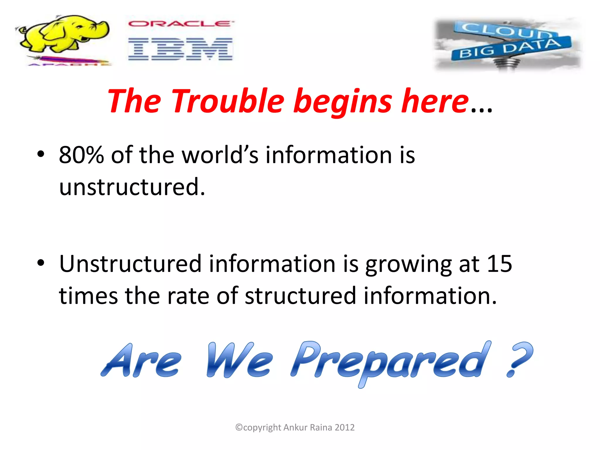 The Trouble begins here…
• 80% of the world’s information is
  unstructured.

• Unstructured information is growing at 15
  times the rate of structured information.



                  ©copyright Ankur Raina 2012
 