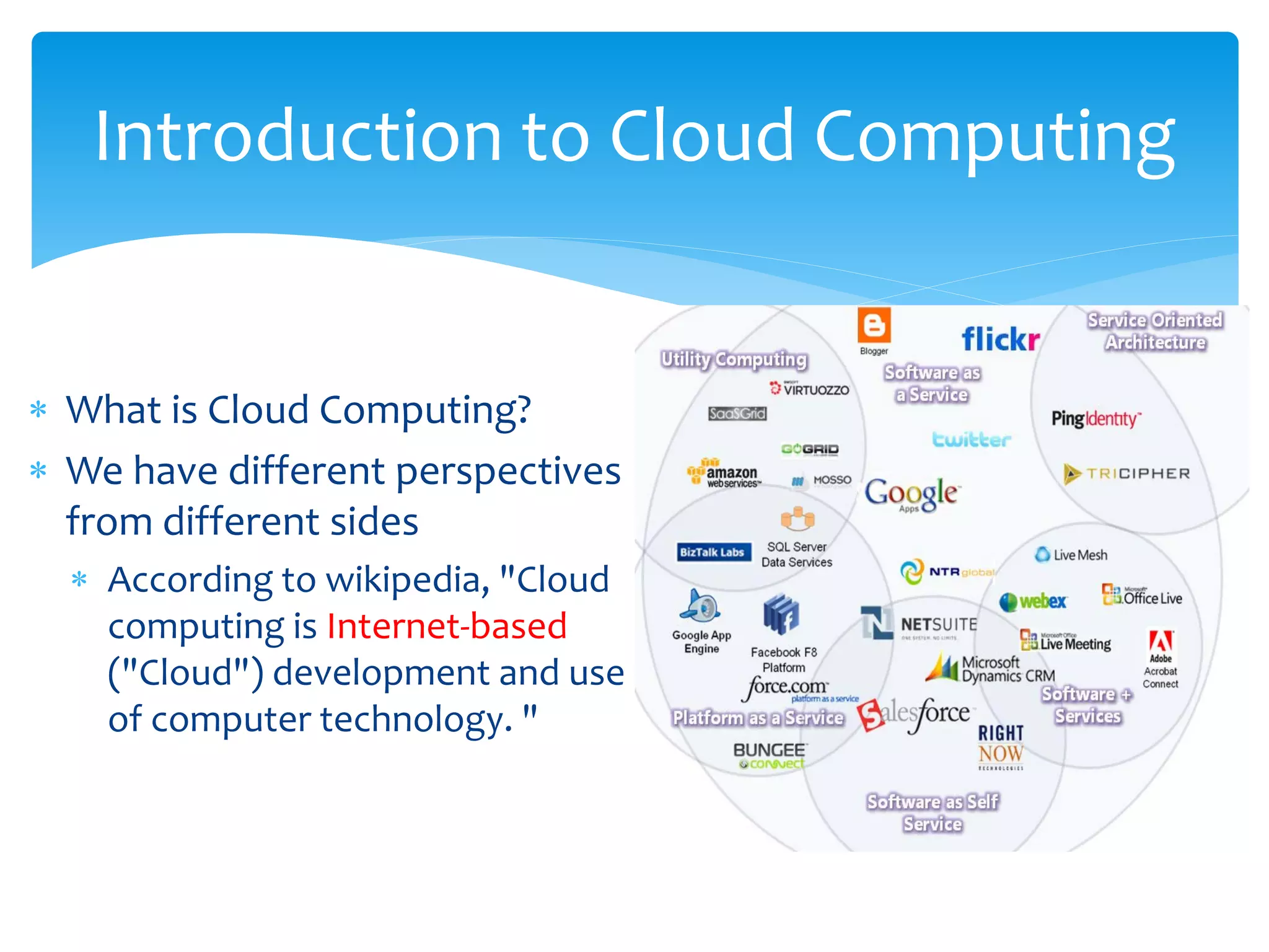 Introduction to Cloud Computing


∗ What is Cloud Computing?
∗ We have different perspectives
  from different sides
  ∗ According to wikipedia, "Cloud
    computing is Internet-based
    ("Cloud") development and use
    of computer technology. "
 