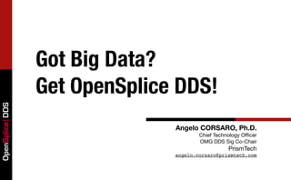 Got Big Data?
                 Get OpenSplice DDS!
OpenSplice DDS




                               Angelo CORSARO, Ph.D.
                                       Chief Technology Oﬃcer
                                       OMG DDS Sig Co-Chair
                                                  PrismTech
                               angelo.corsaro@prismtech.com
 