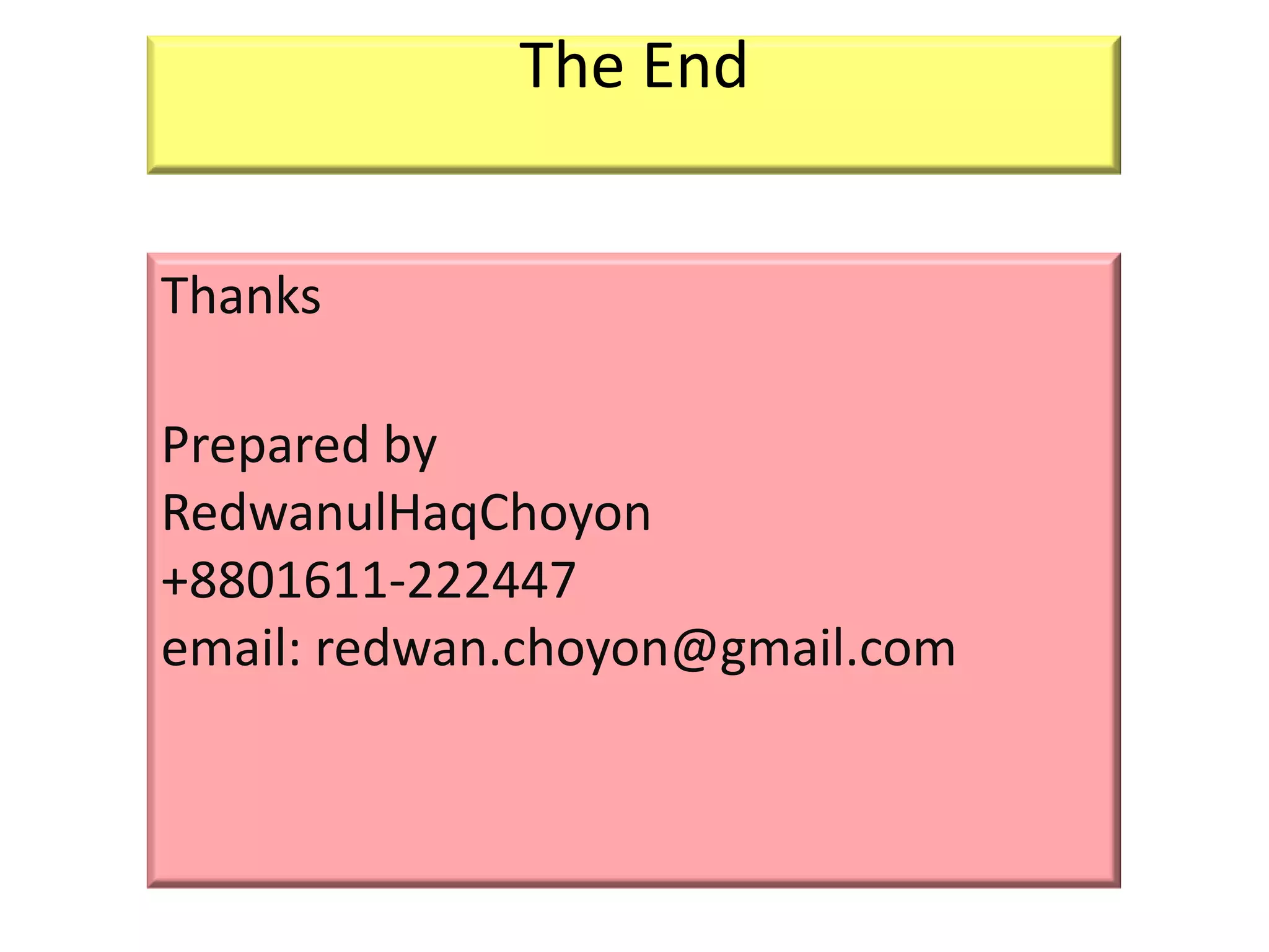 The End


Thanks

Prepared by
RedwanulHaqChoyon
+8801611-222447
email: redwan.choyon@gmail.com
 