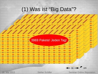 5/6/13 Stefan Schiller
(1) Was ist “Big Data”?
● Immer mehr Daten:
– Jeden Tag: 2.5 Trillionen (10^18) Bytes [1]
25.0000000000.0000000 Byte
2.500.000 Terabyte
– 1-TB Festplatte: 8 x 5 x 1 cm
– DHL-Paket: 60 x 30 x 15 cm
=> 630 Festplatten pro Paket
Foto: conskeptical
DHL
30
15 60
cm
06. Mai 2013 Stefan Schiller Seminar Online Reputation
3969 Pakete! Jeden Tag!
 