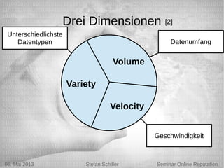 5/6/13 Stefan Schiller
Drei Dimensionen
Volume
Velocity
Variety
Unterschiedlichste
Datentypen Datenumfang
Geschwindigkeit
06. Mai 2013 Stefan Schiller Seminar Online Reputation
[2]
 