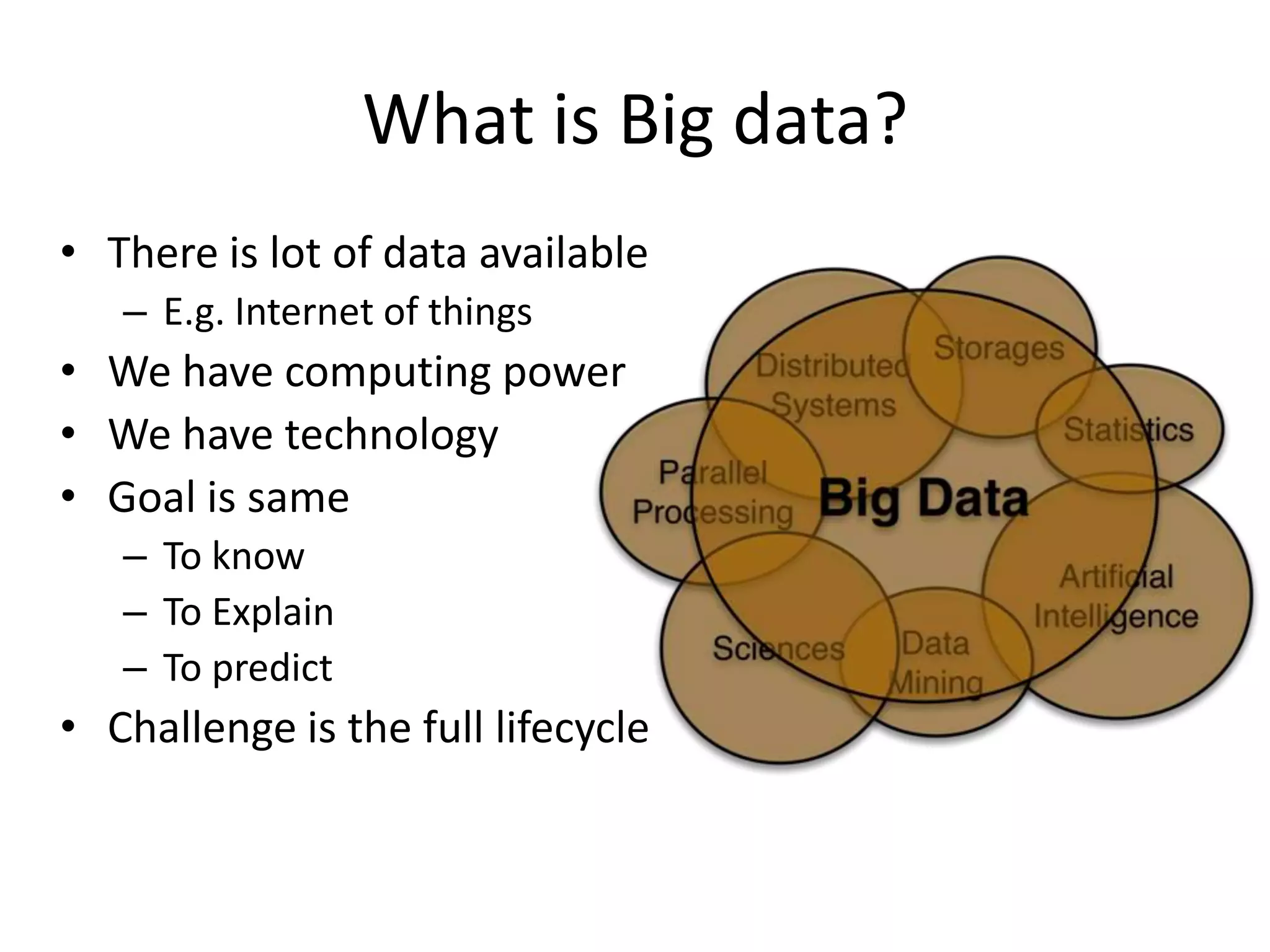 What is Big data?
• There is lot of data available
– E.g. Internet of things
• We have computing power
• We have technology
• Goal is same
– To know
– To Explain
– To predict
• Challenge is the full lifecycle
 