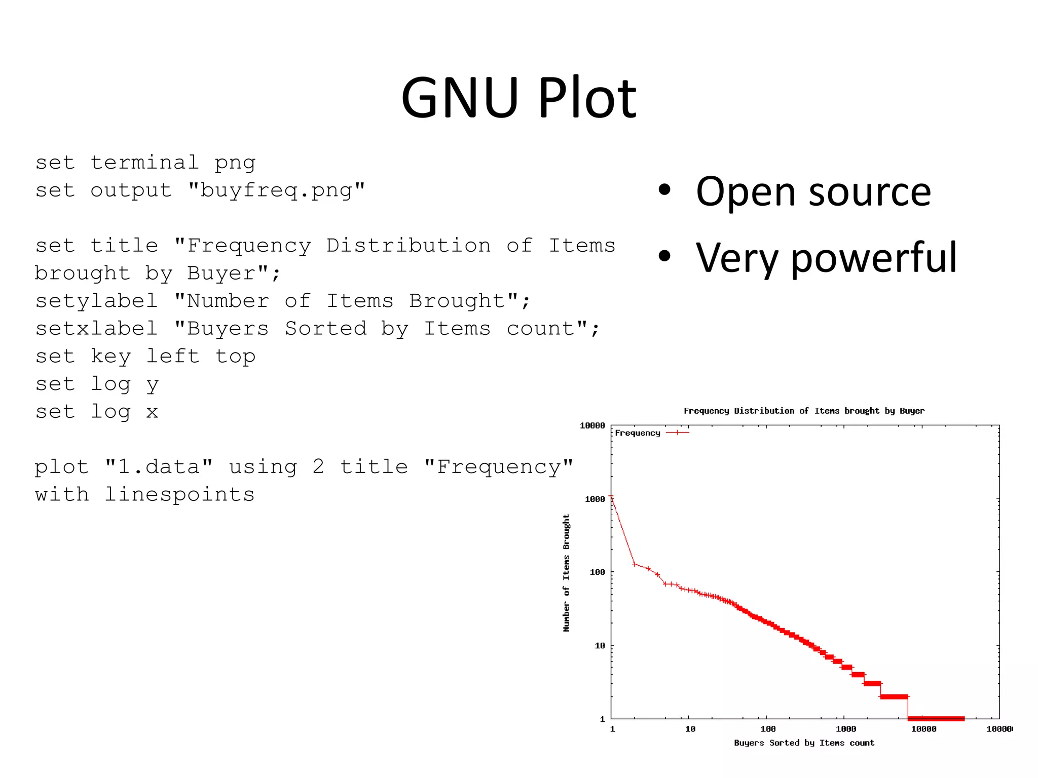GNU Plot
set terminal png
set output "buyfreq.png"
set title "Frequency Distribution of Items
brought by Buyer";
setylabel "Number of Items Brought";
setxlabel "Buyers Sorted by Items count";
set key left top
set log y
set log x
plot "1.data" using 2 title "Frequency"
with linespoints
• Open source
• Very powerful
 
