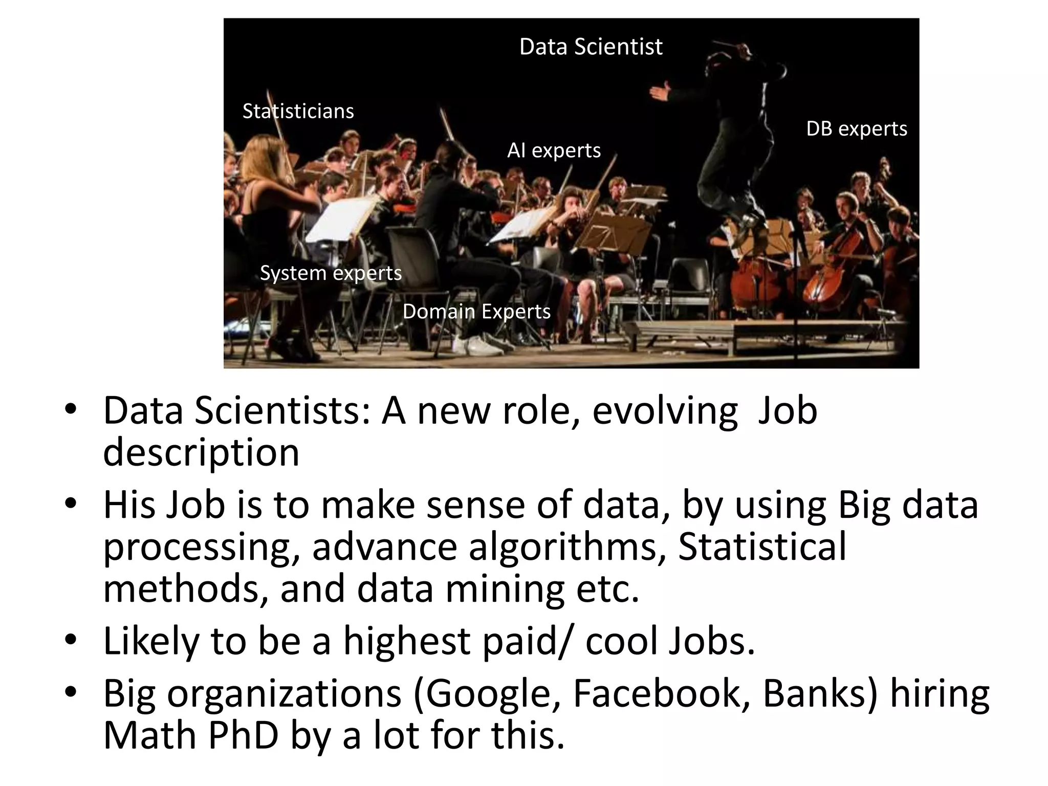 • Data Scientists: A new role, evolving Job
description
• His Job is to make sense of data, by using Big data
processing, advance algorithms, Statistical
methods, and data mining etc.
• Likely to be a highest paid/ cool Jobs.
• Big organizations (Google, Facebook, Banks) hiring
Math PhD by a lot for this.
Data Scientist
Statisticians
System experts
Domain Experts
DB experts
AI experts
 