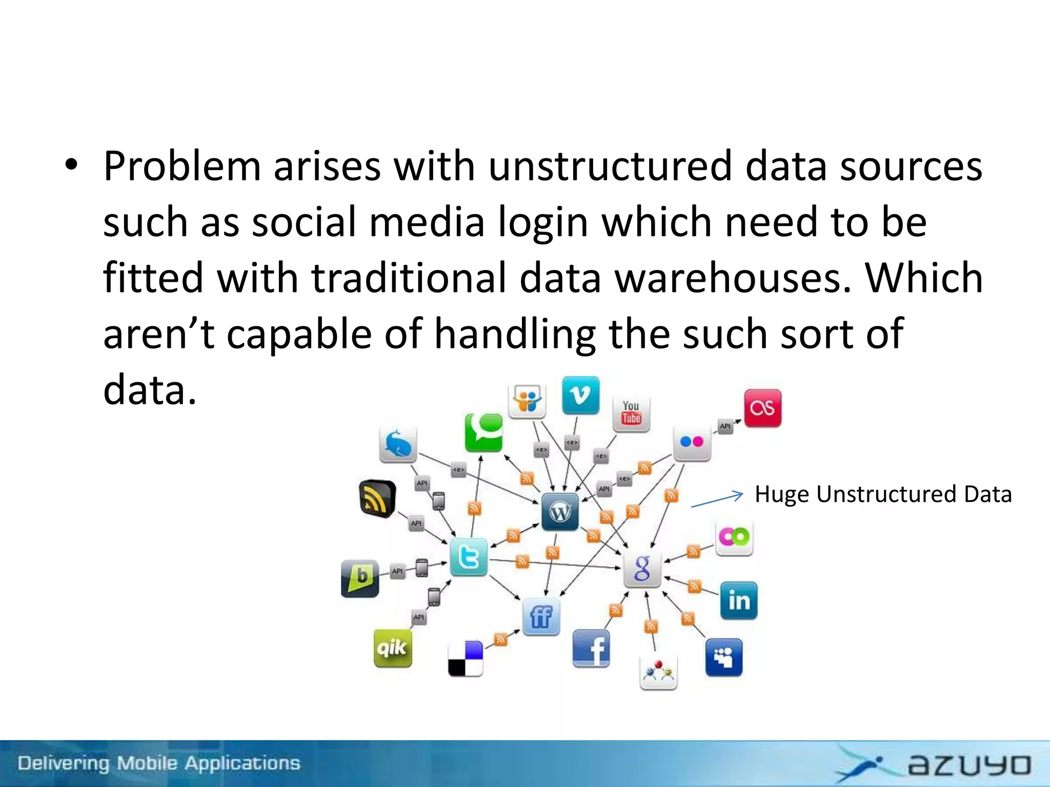 • Problem arises with unstructured data sources
such as social media login which need to be
fitted with traditional data warehouses. Which
aren’t capable of handling the such sort of
data.
Huge Unstructured Data
 