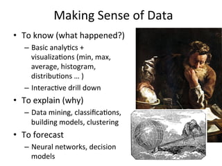 Making	
  Sense	
  of	
  Data	
  
•  To	
  know	
  (what	
  happened?)	
  
–  Basic	
  analy8cs	
  +	
  
visualiza8ons	
  (min,	
  max,	
  
average,	
  histogram,	
  
distribu8ons	
  …	
  )	
  
–  Interac8ve	
  drill	
  down	
  
•  To	
  explain	
  (why)	
  
–  Data	
  mining,	
  classiﬁca8ons,	
  
building	
  models,	
  clustering	
  	
  	
  	
  
•  To	
  forecast	
  	
  
–  Neural	
  networks,	
  decision	
  
models	
  	
  
 
