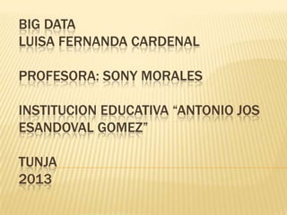 BIG DATA
LUISA FERNANDA CARDENAL
PROFESORA: SONY MORALES
INSTITUCION EDUCATIVA “ANTONIO JOS
ESANDOVAL GOMEZ”
TUNJA
2013
 