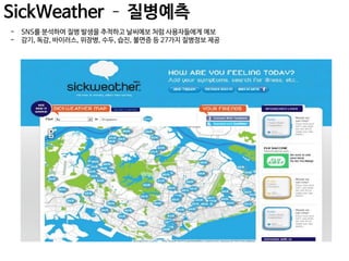 SickWeather – 질병예측
-

SNS를 분석하여 질병 발생을 추적하고 날씨예보 처럼 사용자들에게 예보
감기, 독감, 바이러스, 위장병, 수두, 습진, 불면증 등 27가지 질병정보 제공

 