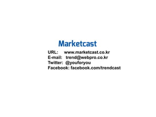 URL: www.marketcast.co.kr
E-mail: trend@webpro.co.kr
Twitter: @youforyou
Facebook: facebook.com/trendcast

 