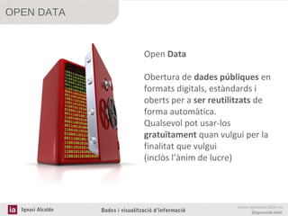 OPEN DATA

Open Data
Obertura de dades públiques en
formats digitals, estàndards i
oberts per a ser reutilitzats de
forma automàtica.
Qualsevol pot usar-los
gratuïtament quan vulgui per la
finalitat que vulgui
(inclòs l’ànim de lucre)

Ignasi Alcalde

Dades i visualització d’informació

www.ignasialcalde.es
@ignasialcalde

 