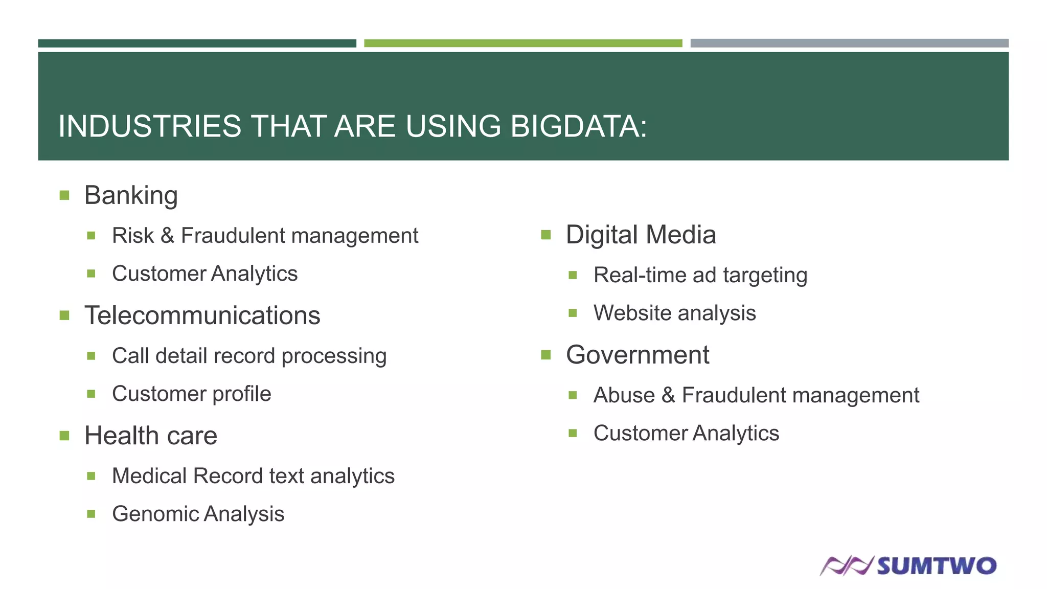 INDUSTRIES THAT ARE USING BIGDATA:
 Banking
 Risk & Fraudulent management
 Customer Analytics

 Telecommunications
 Call detail record processing
 Customer profile

 Health care
 Medical Record text analytics
 Genomic Analysis

 Digital Media
 Real-time ad targeting
 Website analysis

 Government
 Abuse & Fraudulent management
 Customer Analytics

 
