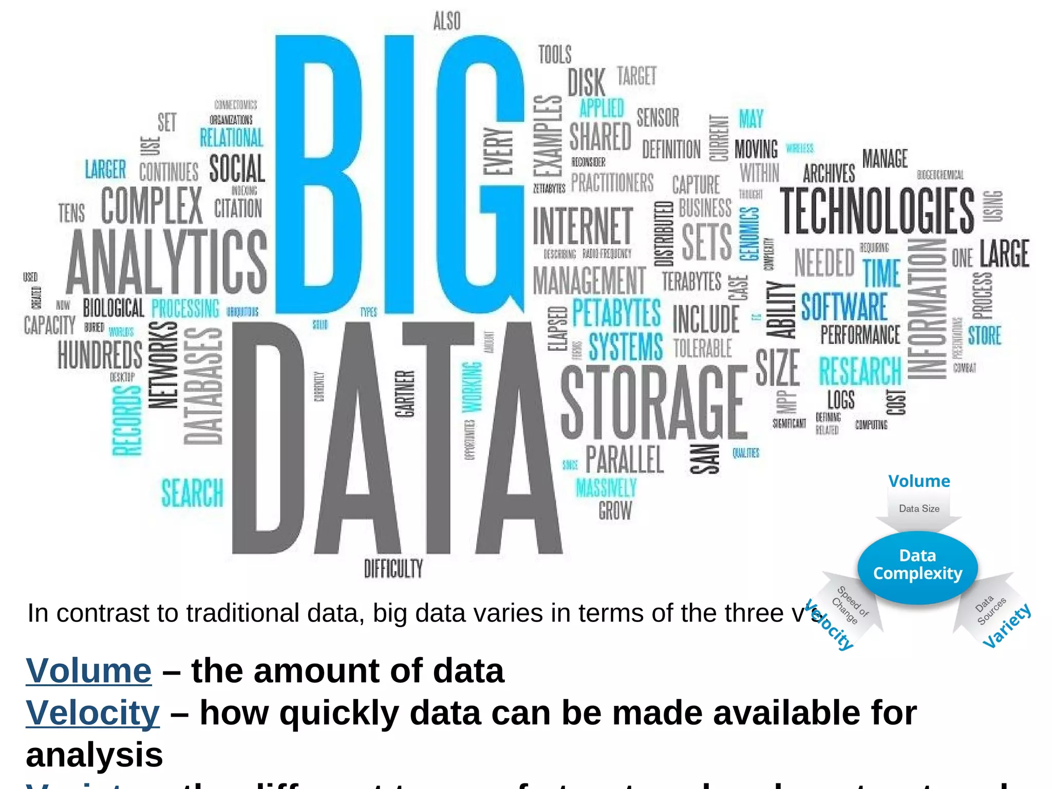 In contrast to traditional data, big data varies in terms of the three v’s.

Volume – the amount of data
Velocity – how quickly data can be made available for
analysis

 