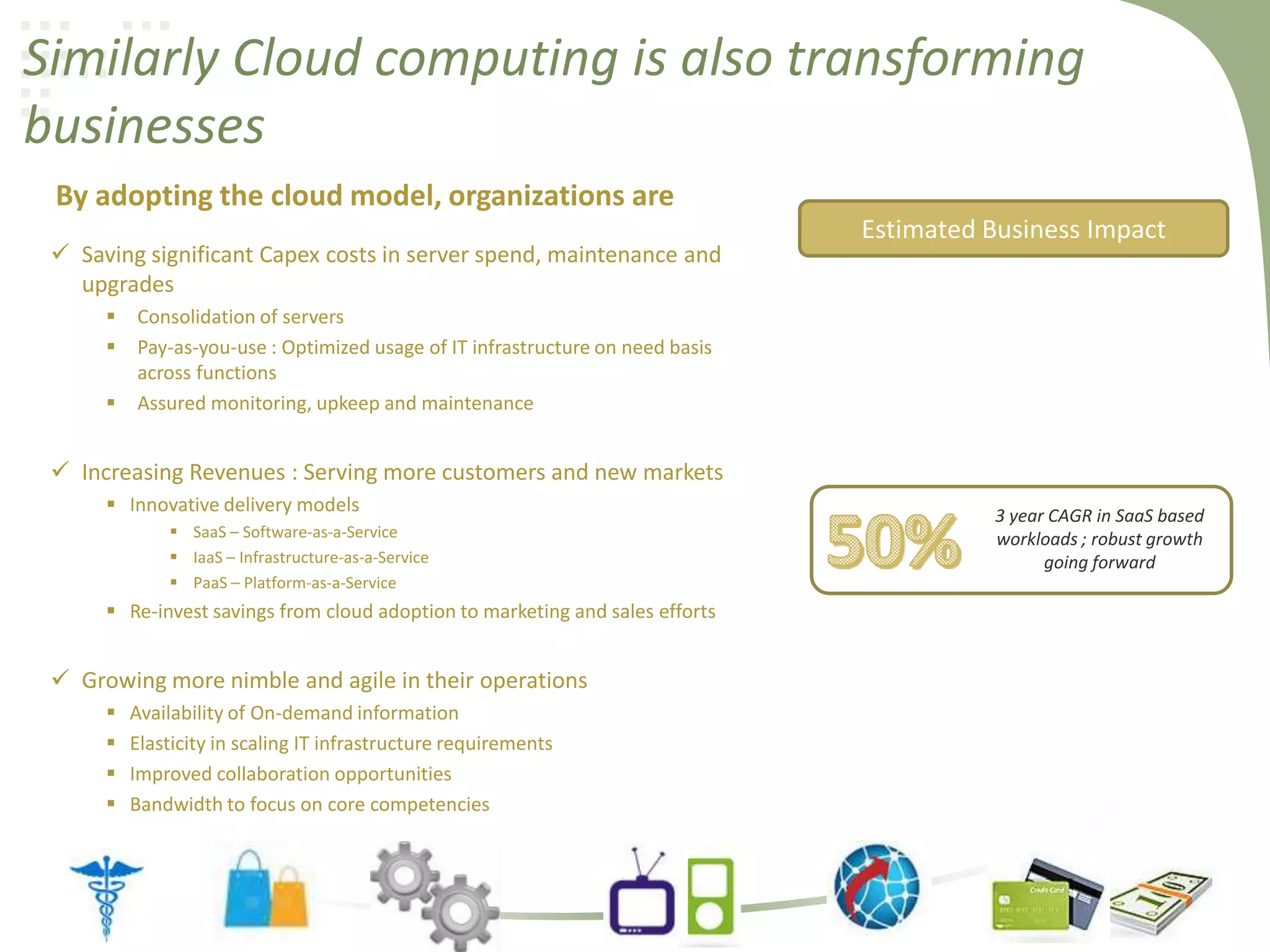 Similarly Cloud computing is also transforming
businesses
By adopting the cloud model, organizations are
 Saving significant Capex costs in server spend, maintenance and
upgrades




Estimated Business Impact

Consolidation of servers
Pay-as-you-use : Optimized usage of IT infrastructure on need basis
across functions
Assured monitoring, upkeep and maintenance

 Increasing Revenues : Serving more customers and new markets
 Innovative delivery models
 SaaS – Software-as-a-Service
 IaaS – Infrastructure-as-a-Service
 PaaS – Platform-as-a-Service

 Re-invest savings from cloud adoption to marketing and sales efforts

 Growing more nimble and agile in their operations





Availability of On-demand information
Elasticity in scaling IT infrastructure requirements
Improved collaboration opportunities
Bandwidth to focus on core competencies

3 year CAGR in SaaS based
workloads ; robust growth
going forward

 
