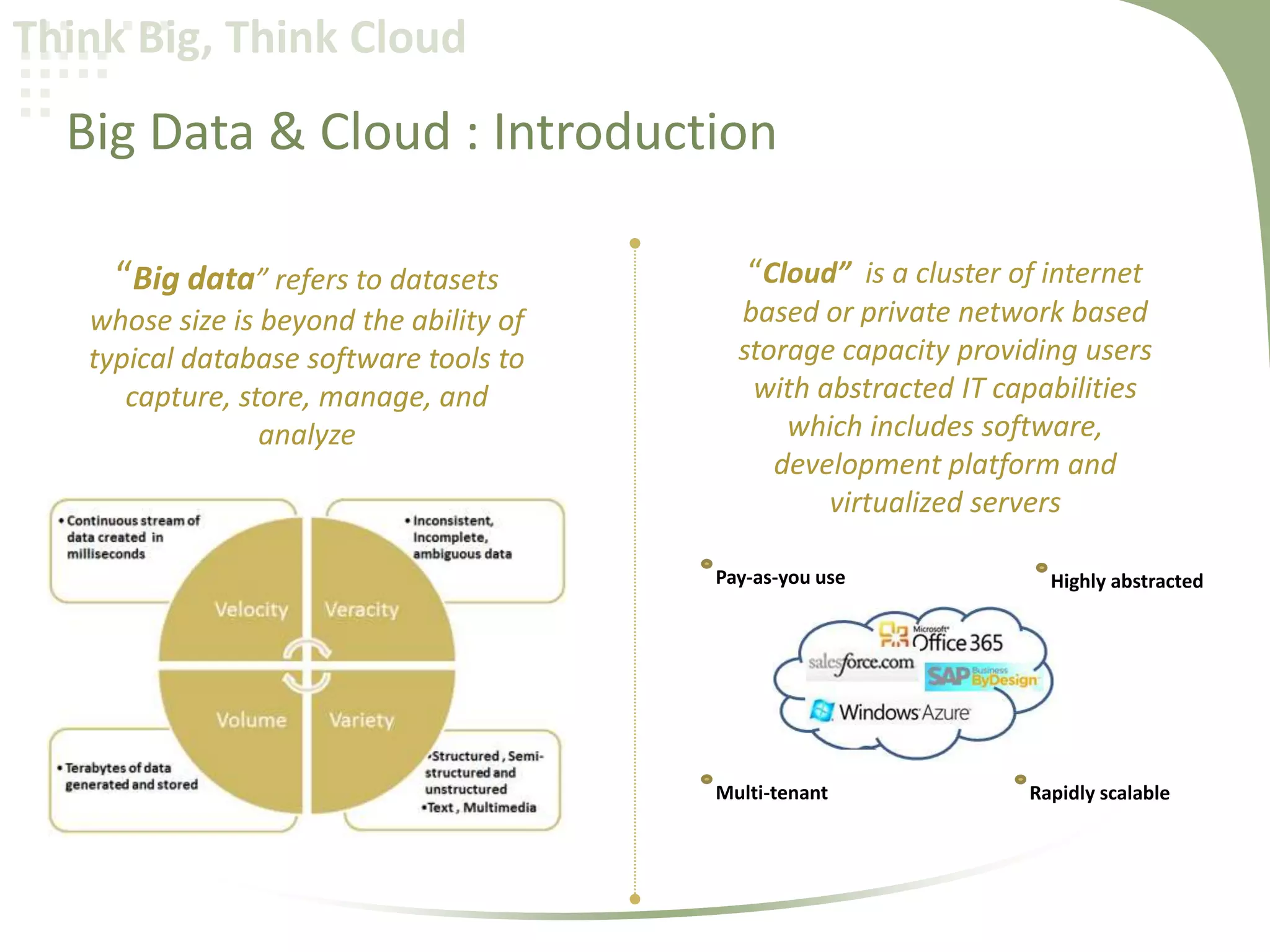 Think Big, Think Cloud

Big Data & Cloud : Introduction
“Big data” refers to datasets
whose size is beyond the ability of
typical database software tools to
capture, store, manage, and
analyze

“Cloud” is a cluster of internet
based or private network based
storage capacity providing users
with abstracted IT capabilities
which includes software,
development platform and
virtualized servers
Pay-as-you use

Multi-tenant

Highly abstracted

Rapidly scalable

 