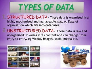 TYPES OF DATA
1. STRUCTURED DATA- These data is organized in a
highly mechanized and manageable way. eg Data of
organisati...
