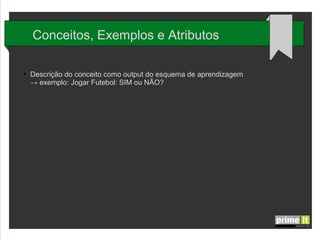 Conceitos, Exemplos e Atributos
●

Descrição do conceito como output do esquema de aprendizagem
→ exemplo: Jogar Futebol: SIM ou NÃO?

 