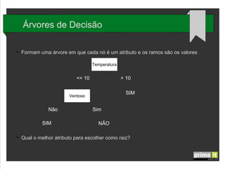 Árvores de Decisão
●

Formam uma árvore em que cada nó é um atributo e os ramos são os valores
Temperatura

<= 10

> 10
SIM

Ventoso

Não
SIM
●

Sim
NÃO

Qual o melhor atributo para escolher como raiz?

 