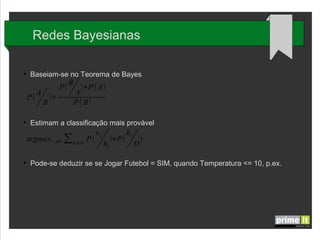 Redes Bayesianas
●

Baseiam-se no Teorema de Bayes

P(
●

P(

A
B

)=

B

)∗P ( A)
A
P ( B)

Estimam a classificação mais provável

argmax v ∈V ∑h ∈H P (
j

●

i

vj
hi

)∗P (

hi
D

)

Pode-se deduzir se Jogar Futebol = SIM, quando Temperatura <= 10, p.ex.

 