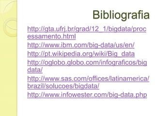 Bibliografia
http://gta.ufrj.br/grad/12_1/bigdata/proc
essamento.html
http://www.ibm.com/big-data/us/en/
http://pt.wikipedia.org/wiki/Big_data
http://oglobo.globo.com/infograficos/big
data/
http://www.sas.com/offices/latinamerica/
brazil/solucoes/bigdata/
http://www.infowester.com/big-data.php

 