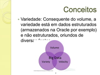 Conceitos


Variedade: Consequente do volume, a
variedade está em dados estruturados
(armazenados na Oracle por exemplo)
e não estruturados, oriundos de
diversas fontes.

7

 