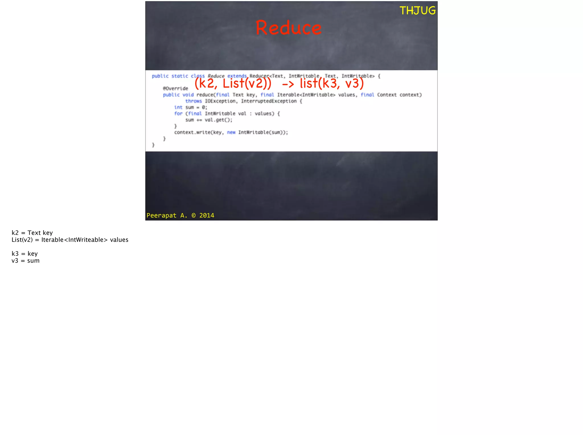 Peerapat	
  A.	
  ©	
  2014
THJUG
Reduce
(k2, List(v2)) -> list(k3, v3)
k2 = Text key
List(v2) = Iterable<IntWriteable> values
!k3 = key
v3 = sum
 