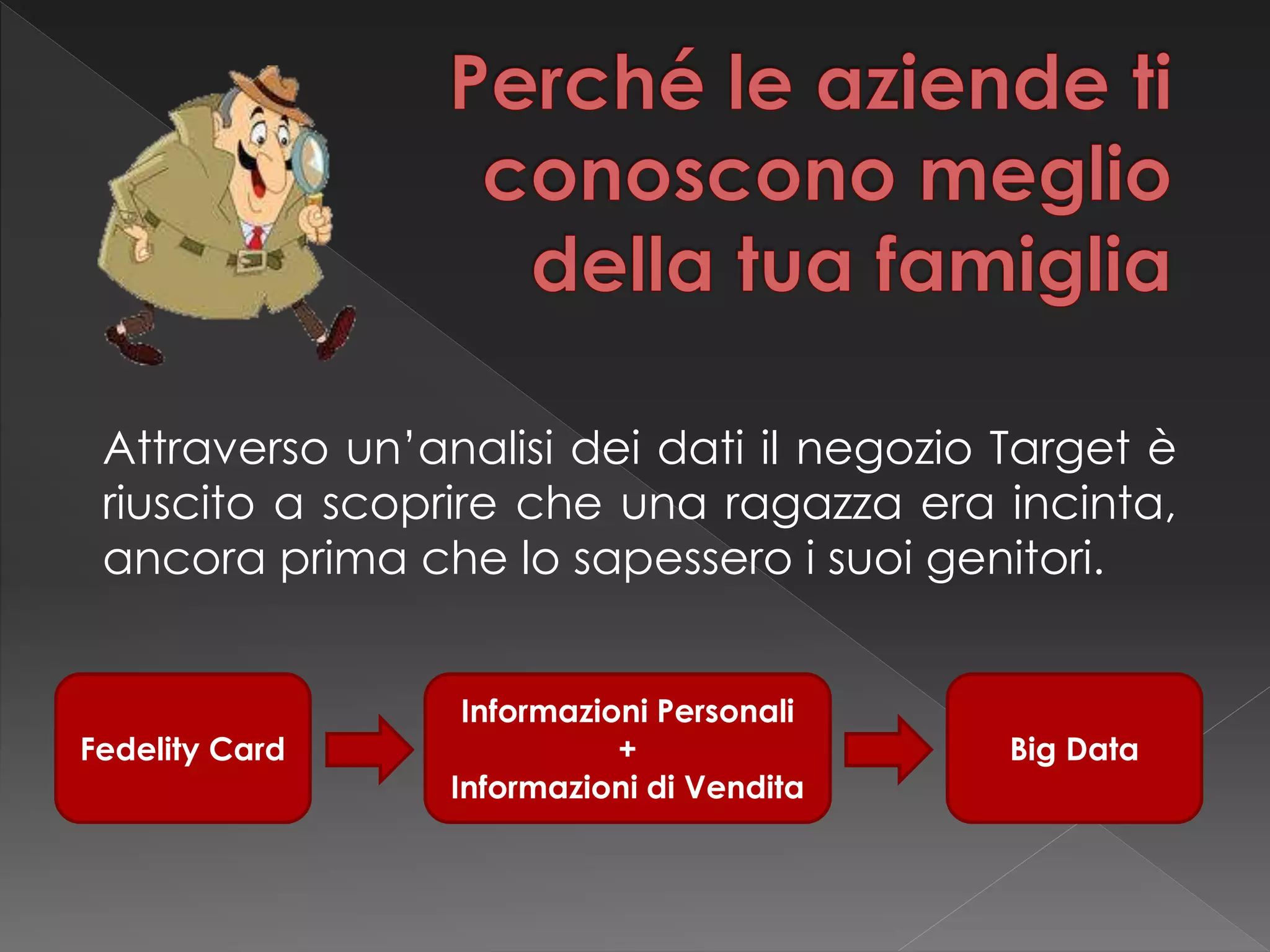 Attraverso un’analisi dei dati il negozio Target è
riuscito a scoprire che una ragazza era incinta,
ancora prima che lo sapessero i suoi genitori.
Fedelity Card
Informazioni Personali
+
Informazioni di Vendita
Big Data
 