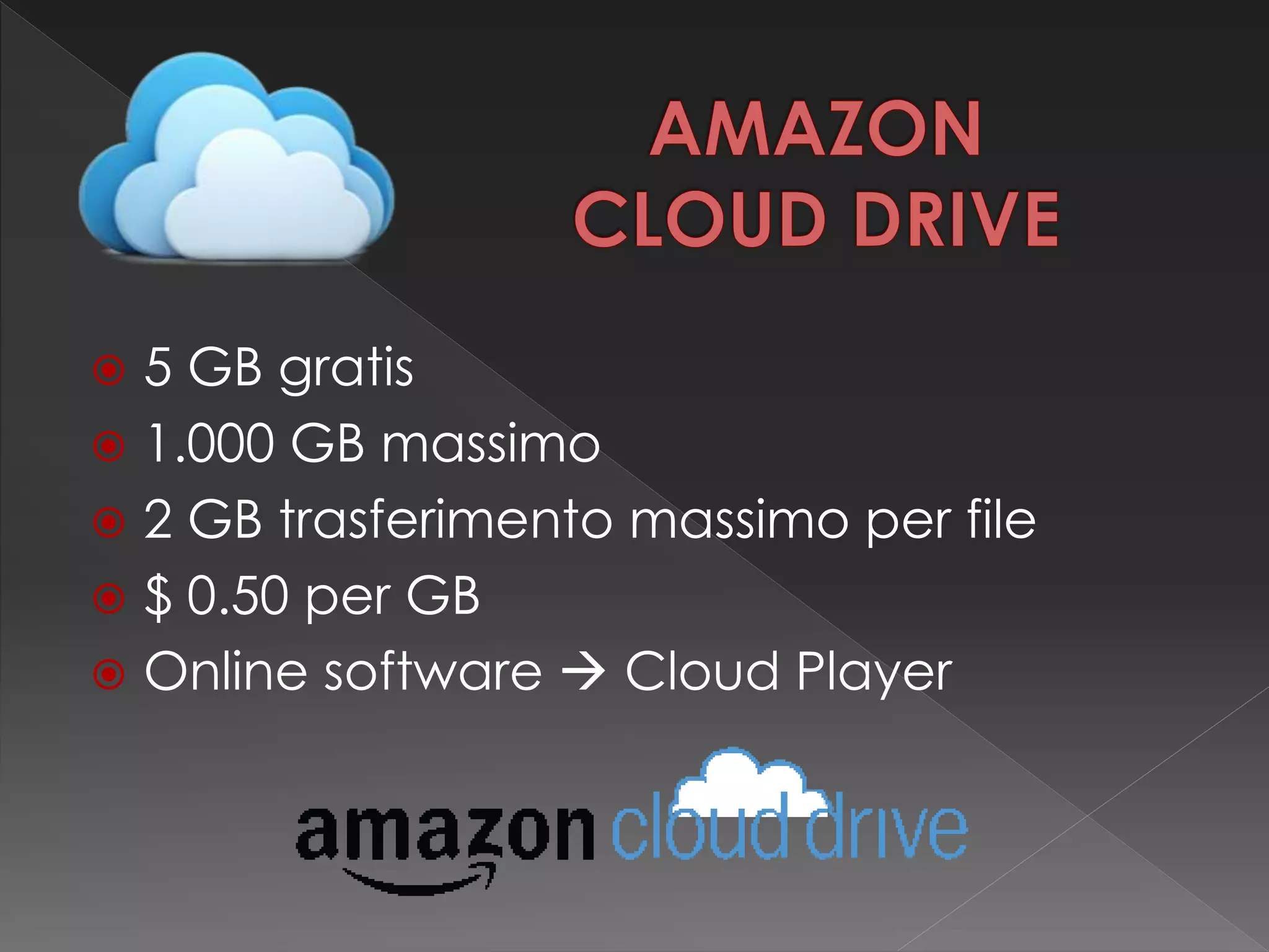  5 GB gratis
 1.000 GB massimo
 2 GB trasferimento massimo per file
 $ 0.50 per GB
 Online software  Cloud Player
 