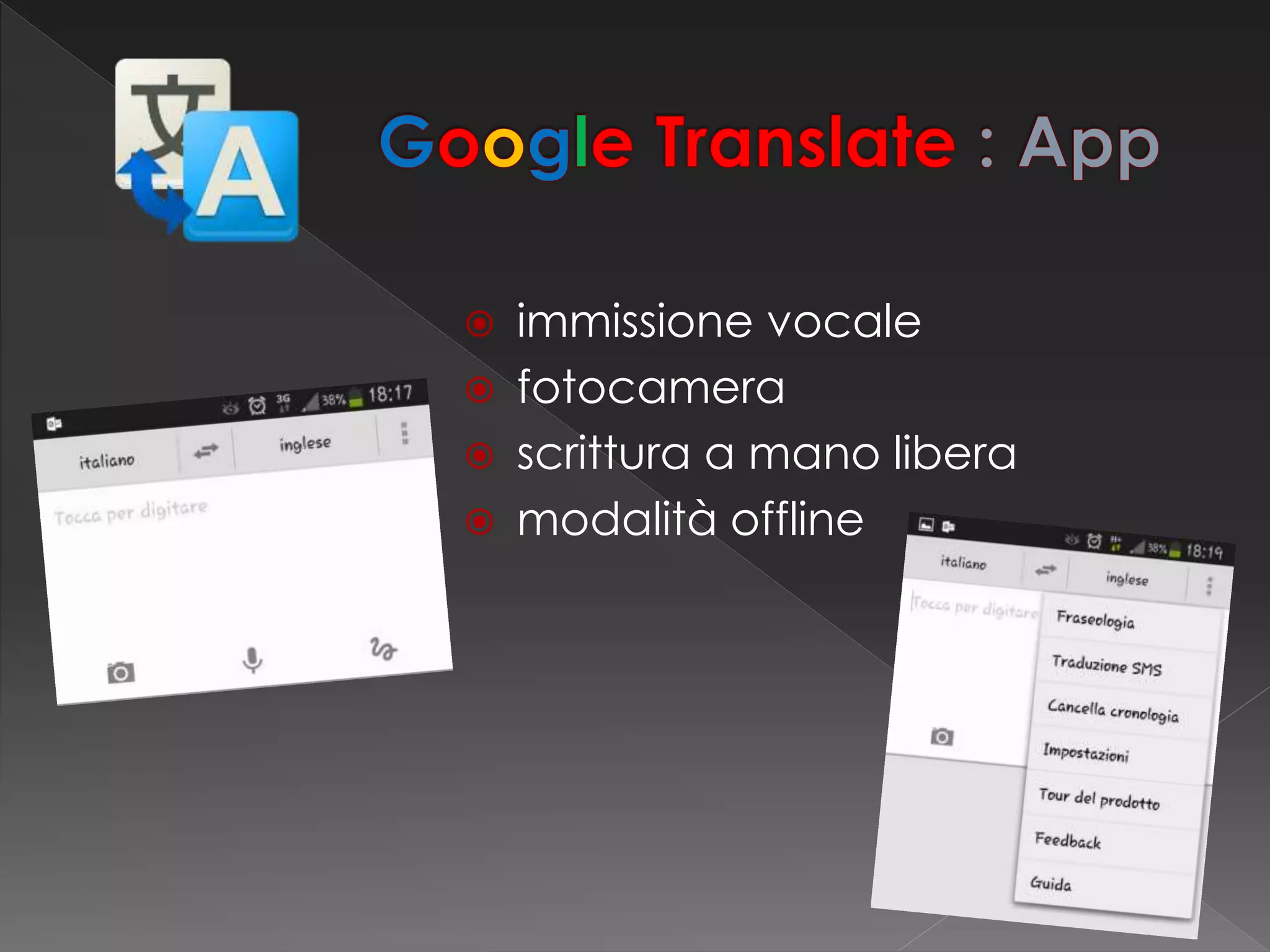  immissione vocale
 fotocamera
 scrittura a mano libera
 modalità offline
 