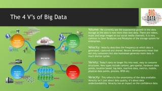 VARIETY
BIG DATA
VOLUME
VERACITYVELOCITY
Scale of Data Different
Forms of Data
Analysis of
Data
Uncertainty of
Data
Hadron Collider generates
1 PETA BYTES
Of Data are create per year
Estimated
100 TERA BYTES
Of Data per US Company
IDC Estimate
40 ZETABYTES
Of Data by 2020
500 MILLION
TWEETS
Per day
100 MILLION VIDEO
600 Years of Video
13 Hours of video uploaded
per minute
20 BILLION NETWORK
CONNECTIONS
By 2016
NY Stock Exchange generates
1 TERRA BYTES
Of Trade Data per day
Poor Data Quality cost businesses
600 BILLION A YEAR
30% OF DATA COLLECTED
By marketers are not usable for
real-time decision making
Poor data across business and the
government costs the US economy
3.1 TRILLION DOLLARS
a year
1 IN 3 LEADERS
Don t trust the information they
user to make decision
MAP
REDUCE
RESULT
200 BILLIONS PHOTOS
Facebook has
1 PETTA
BYTES
Of Storage
1.8 BILLION
SMARTPHONES
Estimated
6 BILLION
PEOPLE
Have a cell Phone
Global Healthcare data
150 EXABYTES
2.4 EXABYTES per year
Growth
2.5 QUINTILLION
BYTES
of Data are Created each Day
Big Data
The 4 V’s of Big Data
Volume: We currently see the exponential growth in the data
storage as the data is now more than text data. There are videos,
music and large images on our social media channels. It is very
common to have Terabytes and Petabytes of the storage system for
enterprises.
Velocity: Velocity describes the frequency at which data is
generated, captured and shared. Recent developments mean that
not only consumers but also businesses generate more data in
much shorter cycles.
Variety: Today’s data no longer fits into neat, easy to consume
structures. New types include content, geo-spatial, hardware data
points, location based, log data, machine data, metrics, mobile,
physical data points, process, RFID etc.
Veracity: This refers to the uncertainty of the data available.
Veracity isn’t just about data quality, it’s about data
understandability. Veracity has an impact on the confidence data.
 