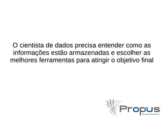 O cientista de dados precisa entender como as 
informações estão armazenadas e escolher as 
melhores ferramentas para atingir o objetivo final 
 