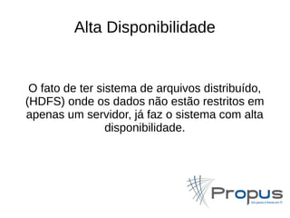 Alta Disponibilidade 
O fato de ter sistema de arquivos distribuído, 
(HDFS) onde os dados não estão restritos em 
apenas um servidor, já faz o sistema com alta 
disponibilidade. 
 