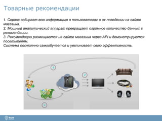 Товарные рекомендации 
1. Сервис собирает всю информацию о пользователях и их поведении на сайте 
магазина. 
2. Мощный аналитический аппарат превращает огромное количество данных в 
рекомендации. 
3. Рекомендации размещаются на сайте магазина через API и демонстрируются 
посетителям. 
Система постоянно самообучается и увеличивает свою эффективность. 
 