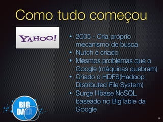 Como tudo começou
• 2005 - Cria próprio
mecanismo de busca
• Nutch é criado
• Mesmos problemas que o
Google (máquinas quebram)
• Criado o HDFS(Hadoop
Distributed File System)
• Surge Hbase NoSQL
baseado no BigTable da
Google
16
 