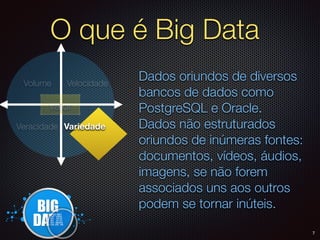 O que é Big Data
Veracidade
Valor
Velocidade
Dados oriundos de diversos
bancos de dados como
PostgreSQL e Oracle.
Dados não estruturados
oriundos de inúmeras fontes:
documentos, vídeos, áudios,
imagens, se não forem
associados uns aos outros
podem se tornar inúteis.
Volume
Variedade
7
 