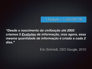“Desde o nascimento da civilização até 2003
criamos 5 Exabytes de informação, mas agora, essa
mesma quantidade de informação é criada a cada 2
dias.”
Eric Schmidt, CEO Google, 2010
1 Exabyte = 1.000.000 TB
 