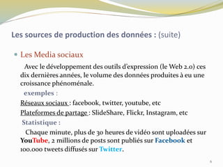  Les Media sociaux
Avec le développement des outils d’expression (le Web 2.0) ces
dix dernières années, le volume des données produites à eu une
croissance phénoménale.
exemples :
Réseaux sociaux : facebook, twitter, youtube, etc
Plateformes de partage : SlideShare, Flickr, Instagram, etc
Statistique :
Chaque minute, plus de 30 heures de vidéo sont uploadées sur
YouTube, 2 millions de posts sont publiés sur Facebook et
100.000 tweets diffusés sur Twitter.
Les sources de production des données : (suite)
6
 