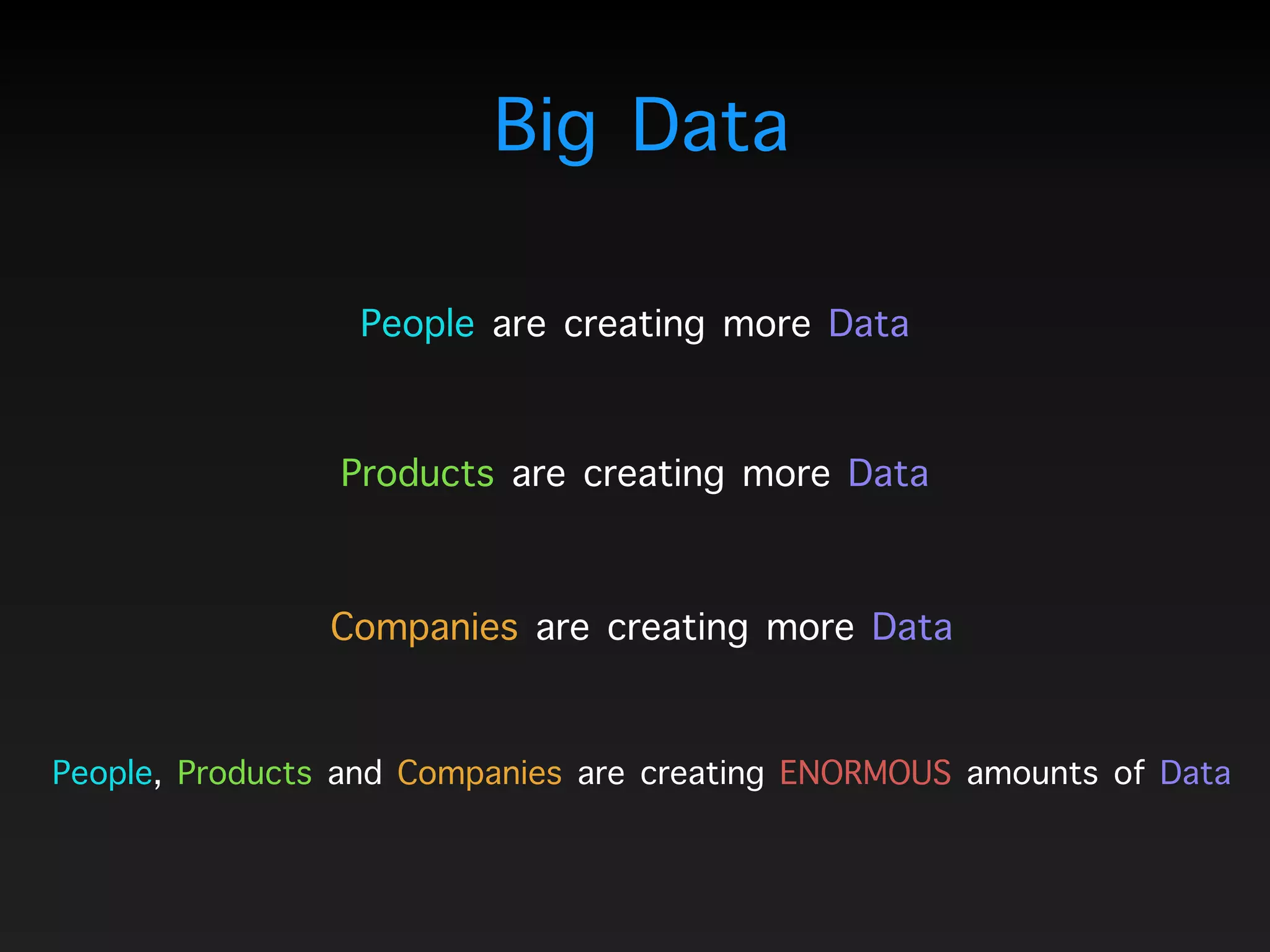 Big Data
People are creating more Data
People, Products and Companies are creating ENORMOUS amounts of Data
Companies are creating more Data
Products are creating more Data
 