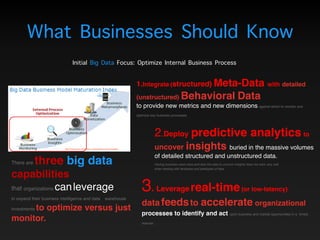 What Businesses Should Know
1.Integrate (structured) Meta-Data with detailed
(unstructured) Behavioral Data  
to provide new metrics and new dimensions against which to monitor and
optimize key business processes.
Initial Big Data Focus: Optimize Internal Business Process
https://infocus.emc.com/william_schmarzo/the-4-ms-of-big-data/
There are three big data
capabilities  
that organizations canleverage 
to expand their business intelligence and data warehouse
investments to optimize versus just
monitor.
2.Deploy predictive analytics to  
uncover insights buried in the massive volumes  
of detailed structured and unstructured data.  
Having business users slice-and-dice the data to uncover insights does not work very well  
when dealing with terabytes and petabytes of data.
3. Leverage real-time(or low-latency) 
data feedsto accelerate organizational 
processes to identify and act upon business and market opportunities in a timely
manner.
 