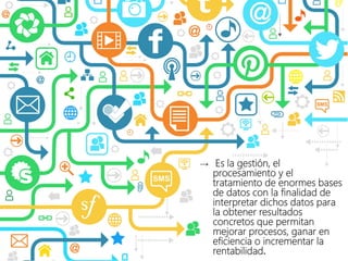 → Es la gestión, el
procesamiento y el
tratamiento de enormes bases
de datos con la finalidad de
interpretar dichos datos para
la obtener resultados
concretos que permitan
mejorar procesos, ganar en
eficiencia o incrementar la
rentabilidad.
 