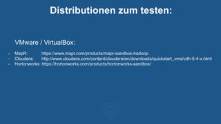 VMware / VirtualBox:
- MapR: https://www.mapr.com/products/mapr-sandbox-hadoop
- Cloudera: http://www.cloudera.com/content/cloudera/en/downloads/quickstart_vms/cdh-5-4-x.html
- Hortonworks: https://hortonworks.com/products/hortonworks-sandbox/
Distributionen zum testen:
 
